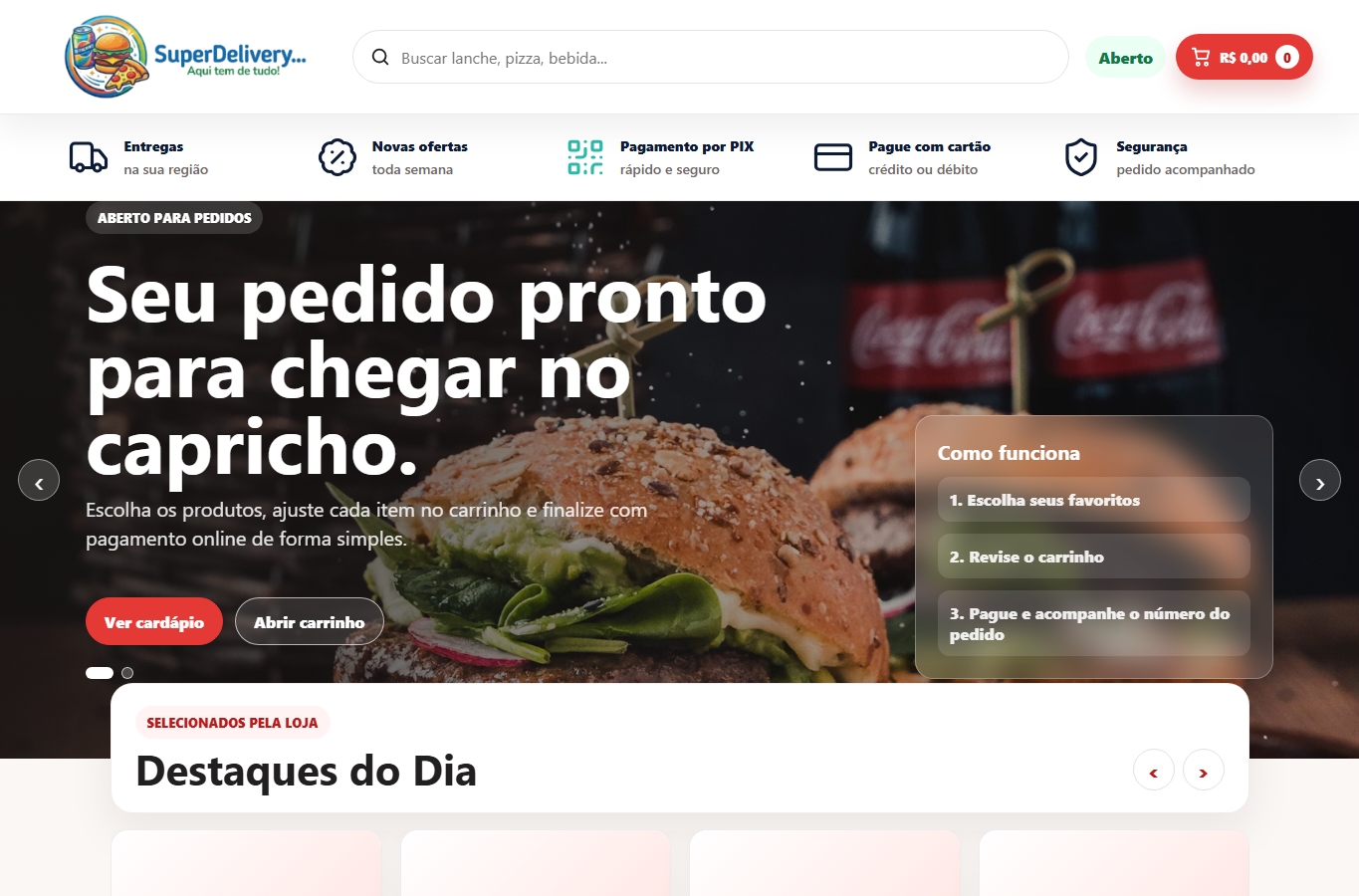 Tela interna do sistema de delivery Super Delivery