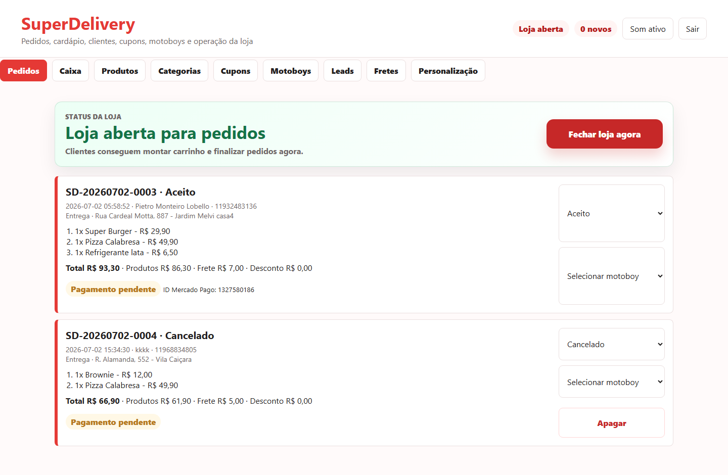 Painel de pedidos do Super Delivery