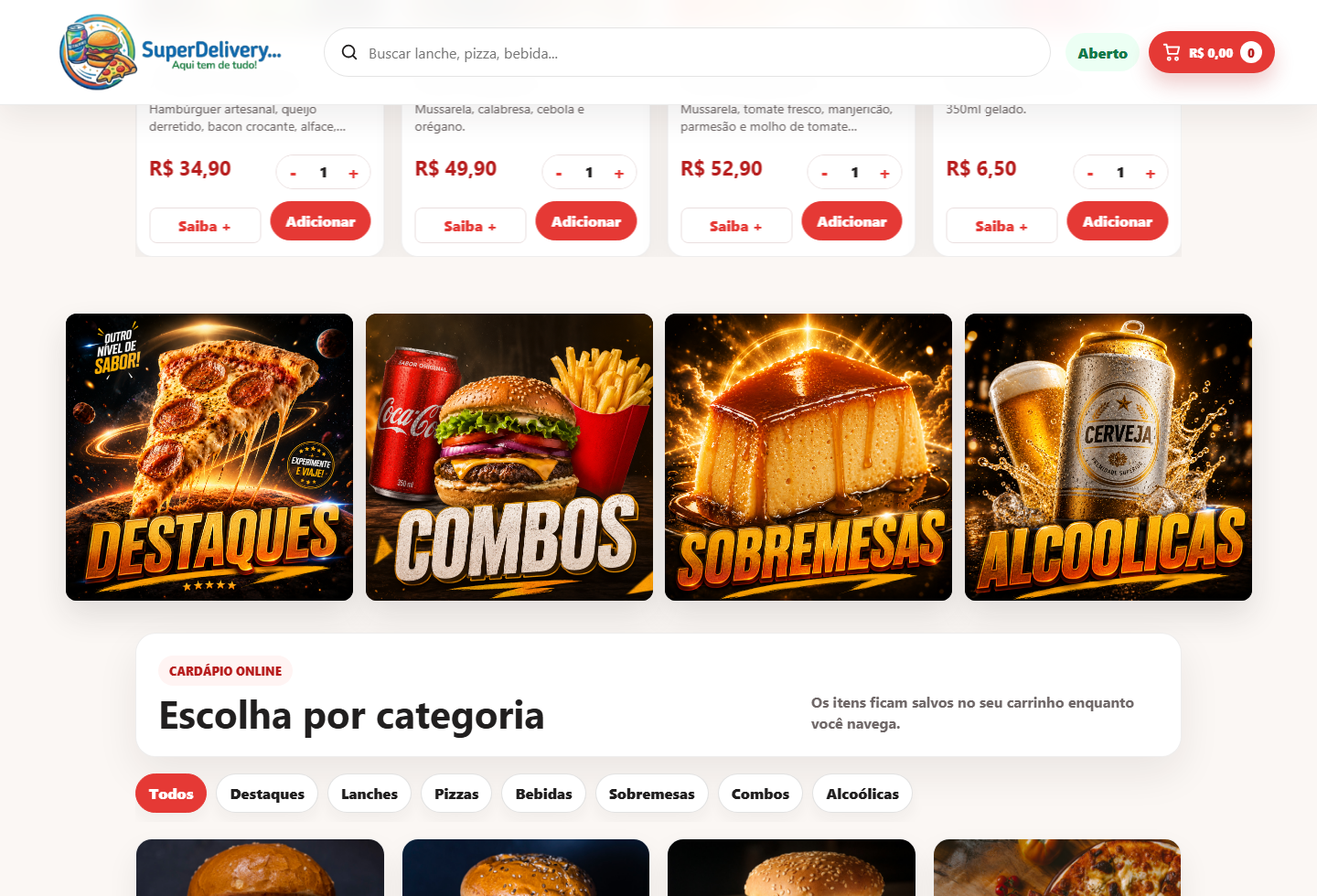 Banners e categorias do Super Delivery