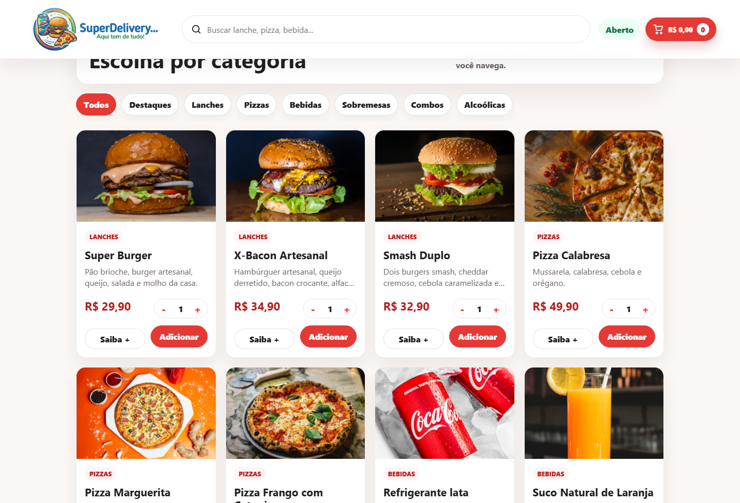 Cardápio online no desktop