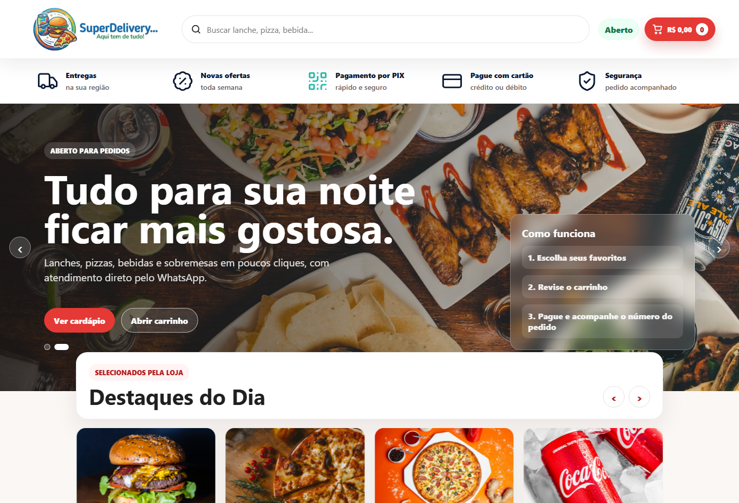 Tela inicial do cardápio online Super Delivery
